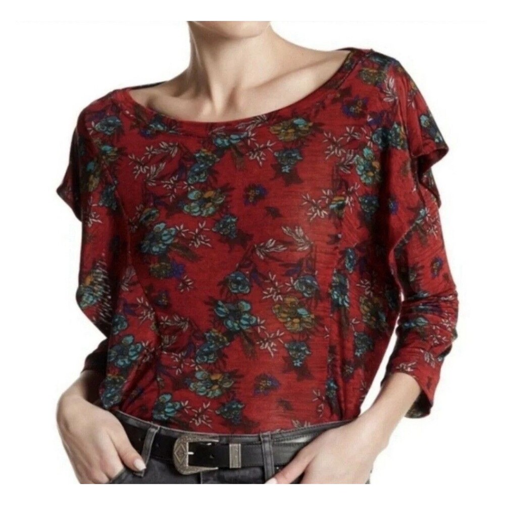 Free People Women's Dock Street Red Floral Ruffle 3/4 Sleeve Boho Top Size S